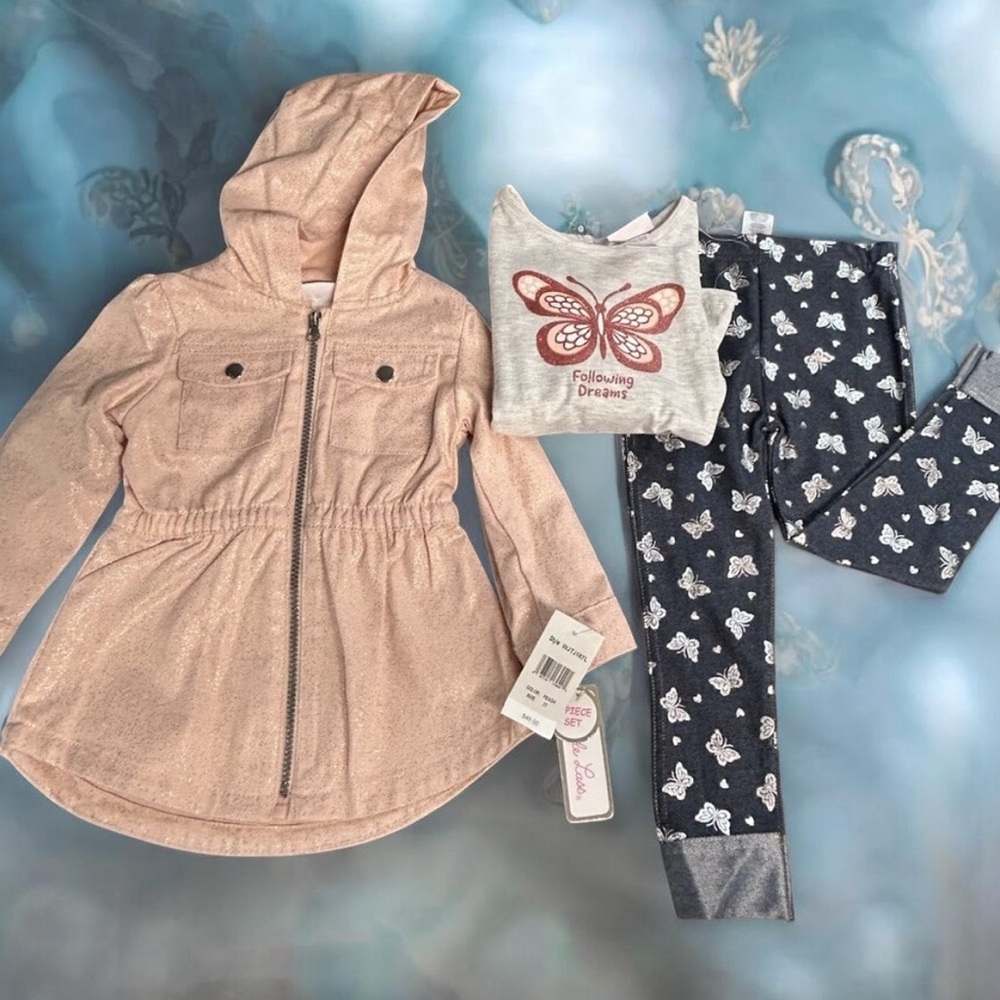 3T Little Lass 3 Piece Set Glitter‎ Jacket L/S Tee Butterfly Jeans Daycare